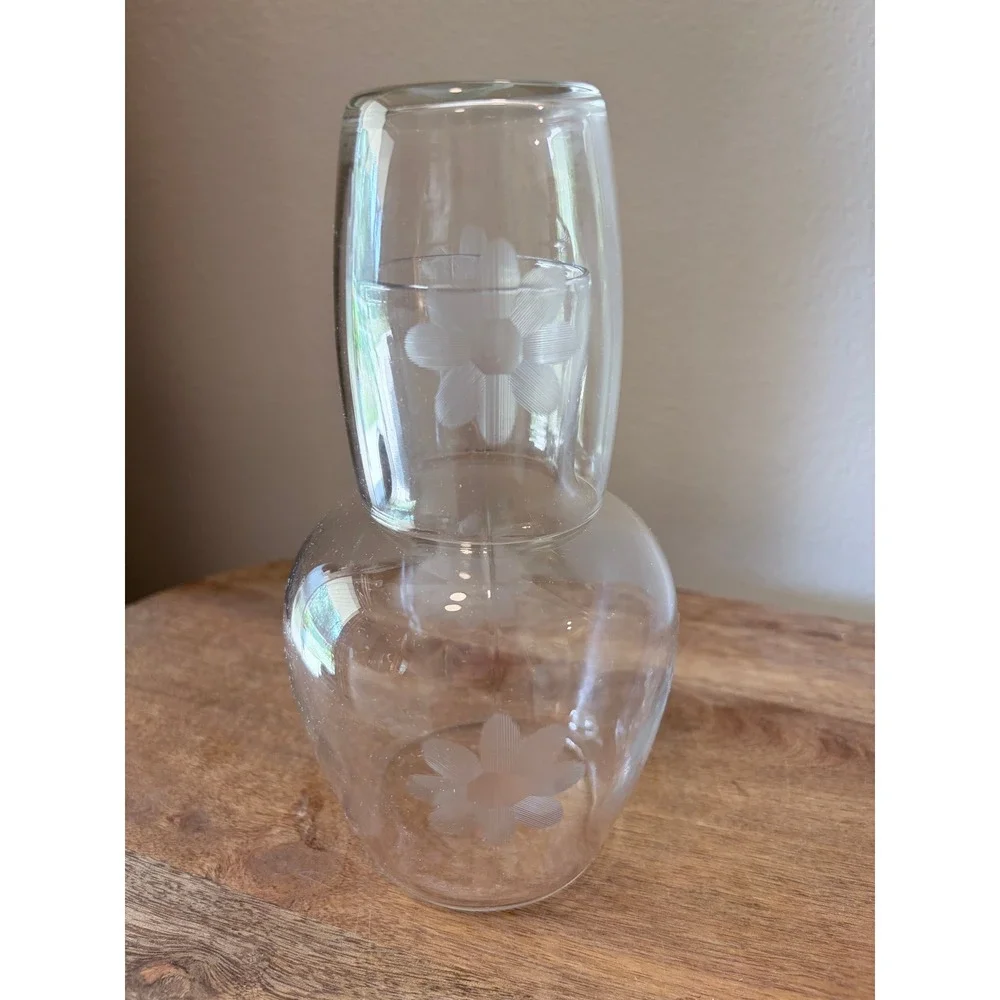 Vintage Frosted Daisy Etched Glass Bedside Water Carafe and Tumbler Set Clear